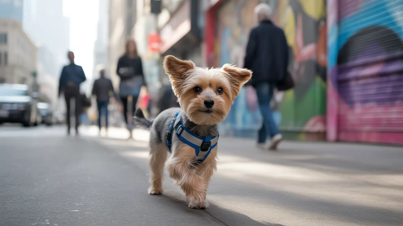 Pet owner holding a dog in front of a New York cityscape