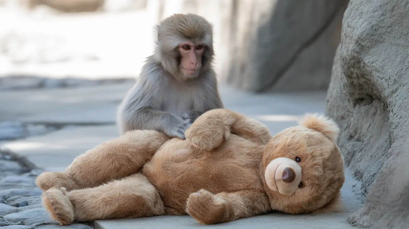Un singe macaque japonais assis sur un gros ours en peluche marron dans un zoo ou sanctuaire