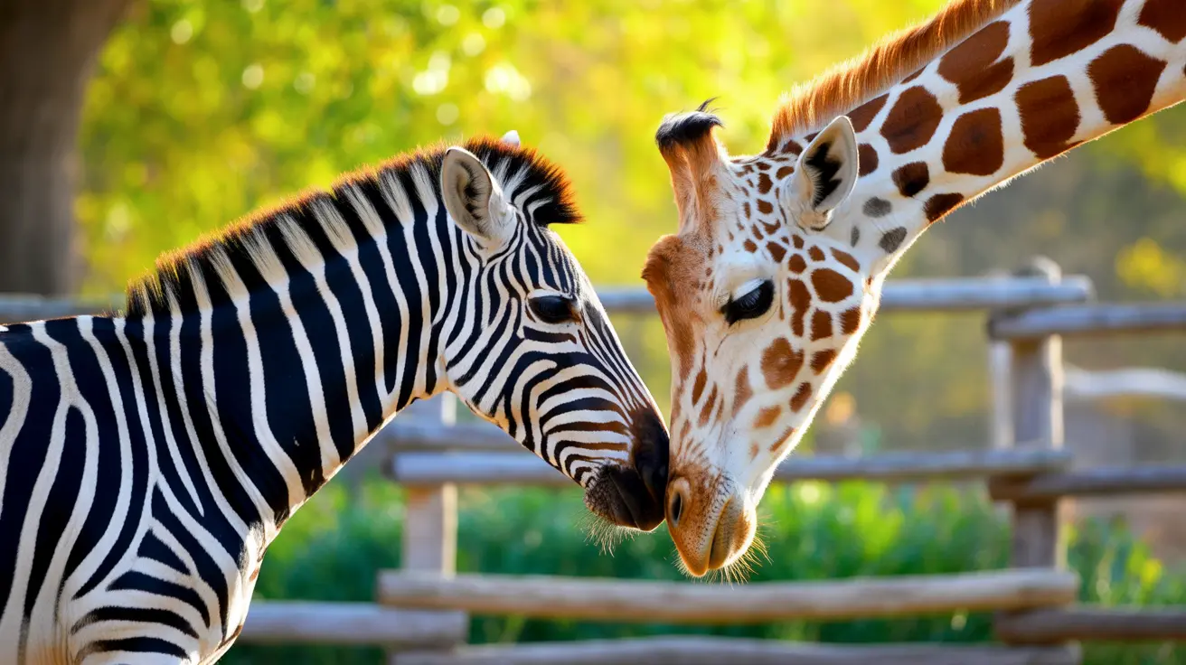 Zebra and giraffe engaging in mutual grooming at The Petting Zoo in Atlanta
